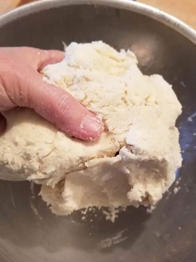a hand holding a ball of sourdough pie dough