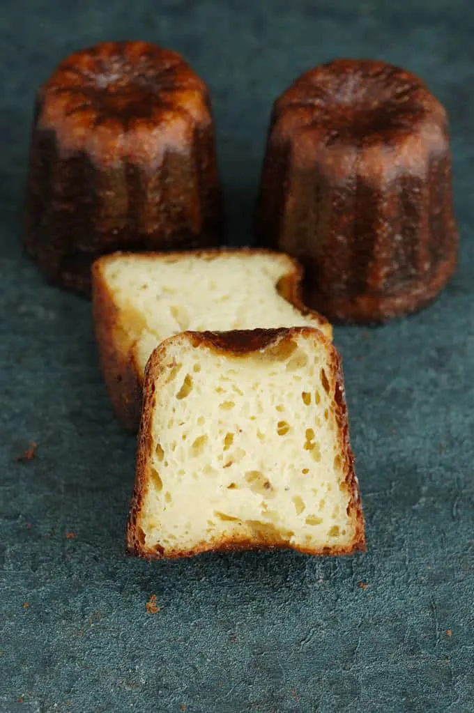 an interior shot of a canele baked in steel carbon pan