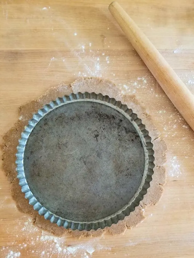 a tart pan and a piece of rolled speculaas dough