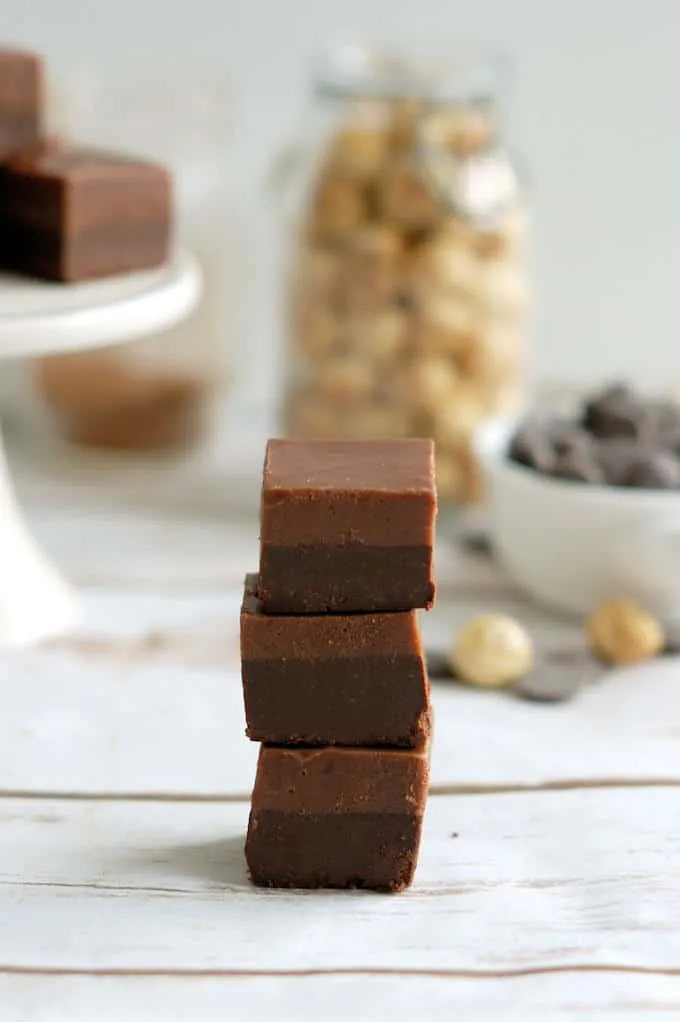 a stack of layered hazelnut truffles