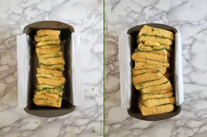 two loaves of pumpkin bread, before and after rising