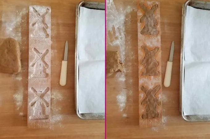 two photos showing the set up for molding speculaas cookies