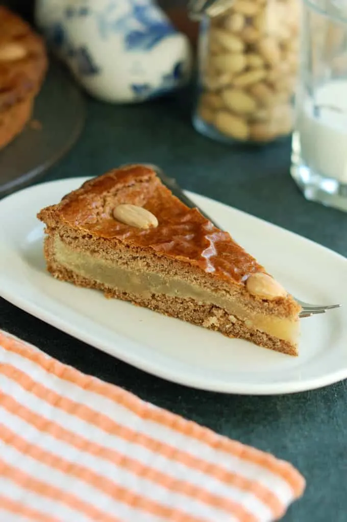 a splice of speculaas cake with almond paste filling