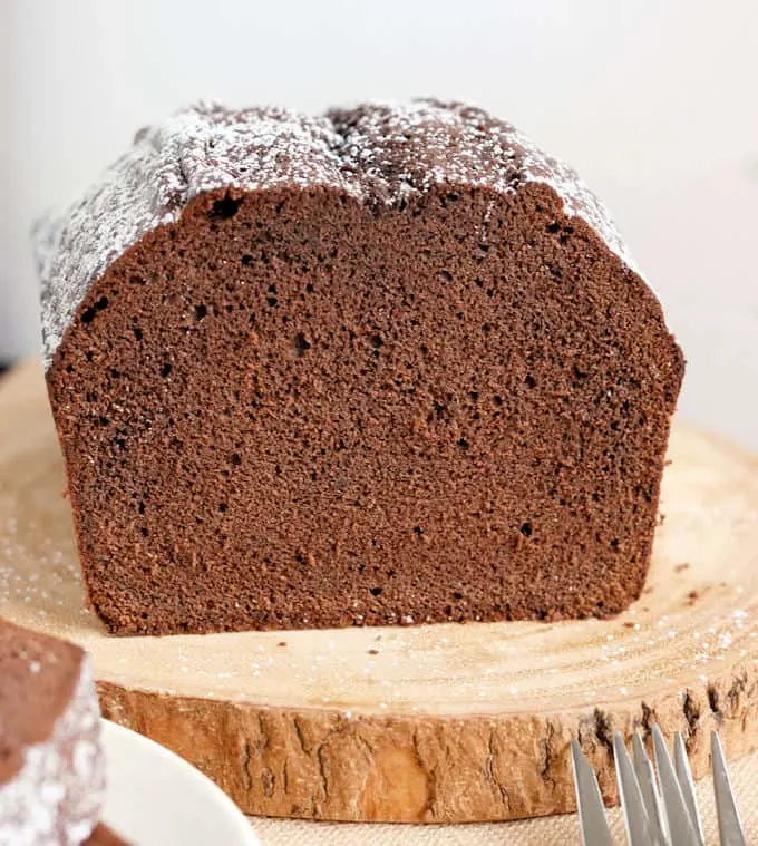 a view of a cross section of chocolate pound cake