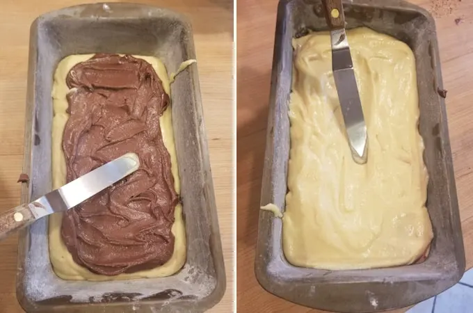 side by side photos showing how to layer marble pound cake batter