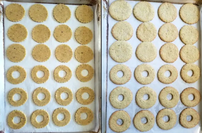 pistachio linzer cookies before and after baking