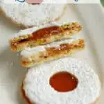 a pinterest image for pistachio apricot linzer cookie recipe