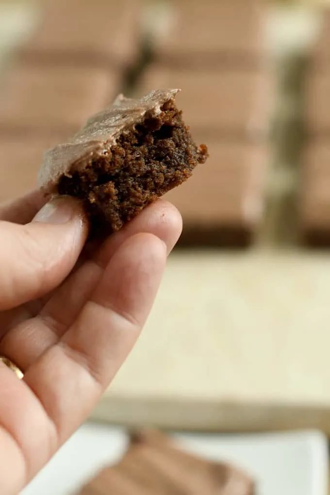 a hand holding a bite of malted milk brownie