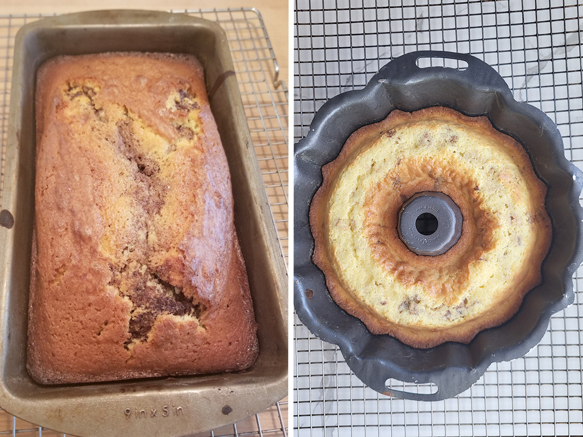 a marble pound cake in a loaf pan and a marble pound cake in a bundt pan.