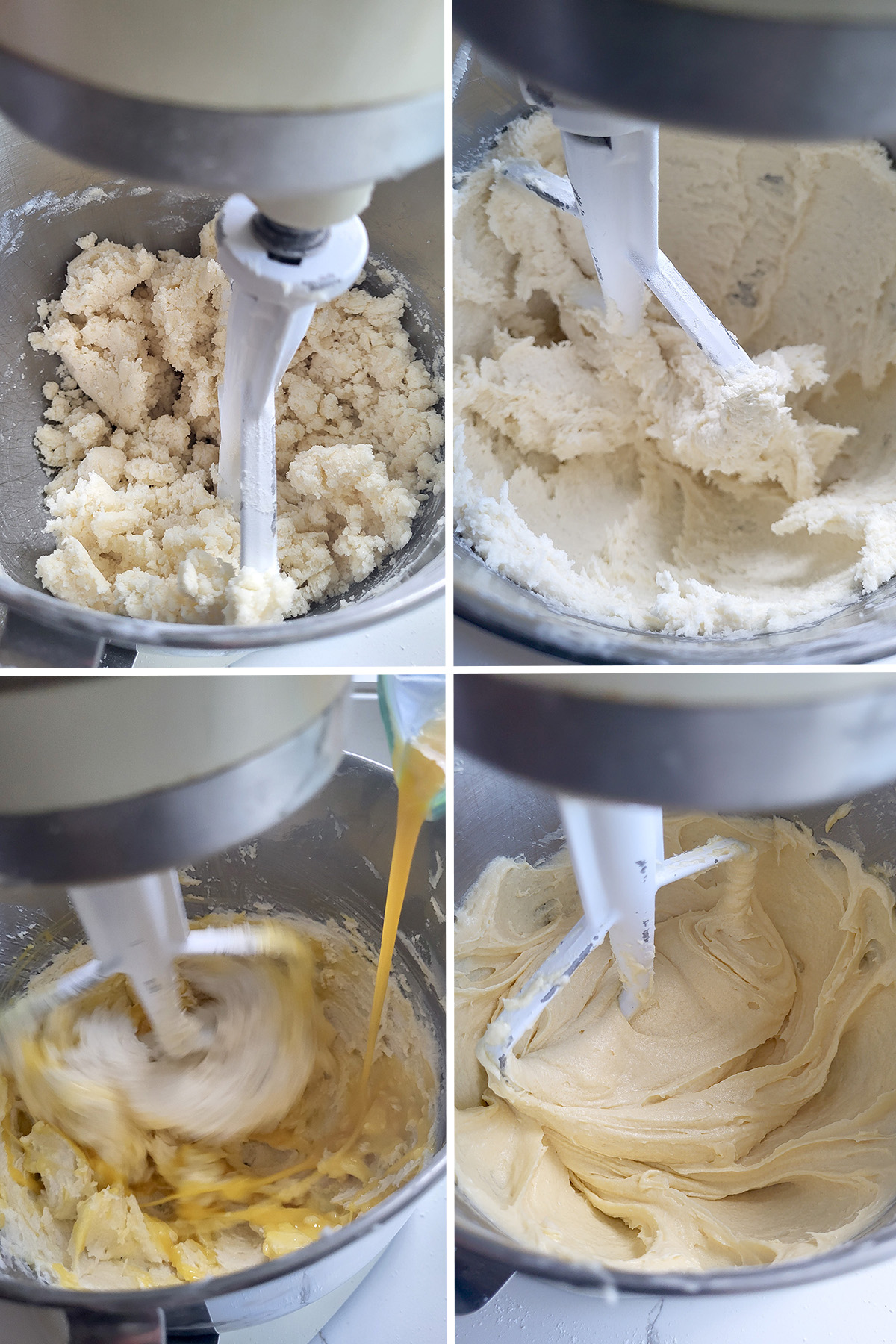 cake batter in a mixing bowl with eggs added.
