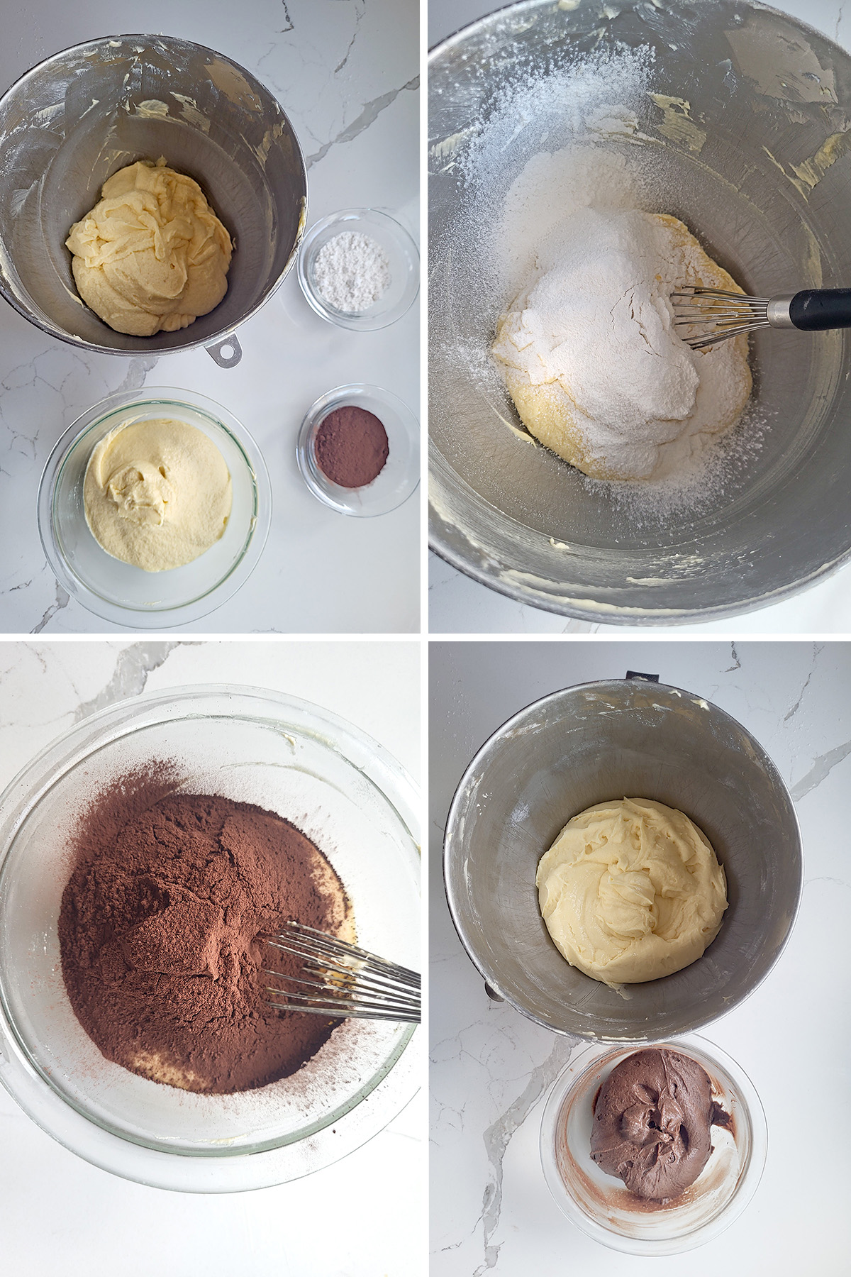 Vanilla and chocolate cake batter in separate bowls.