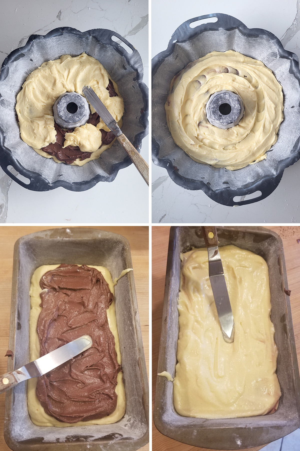 Chocolate and vanilla batter being layered into a loaf pan and into a bundt pan.