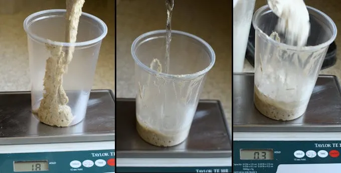 3 side by side photos showing how to feed sourdough starter