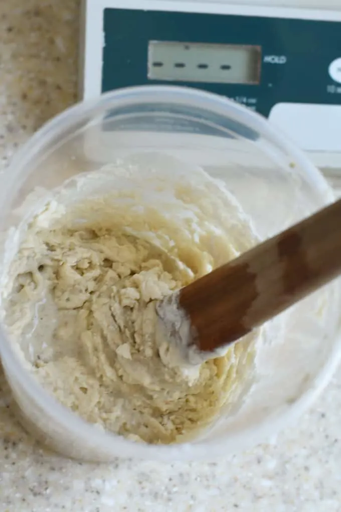 stirring flour and water into sourdough starter to feed