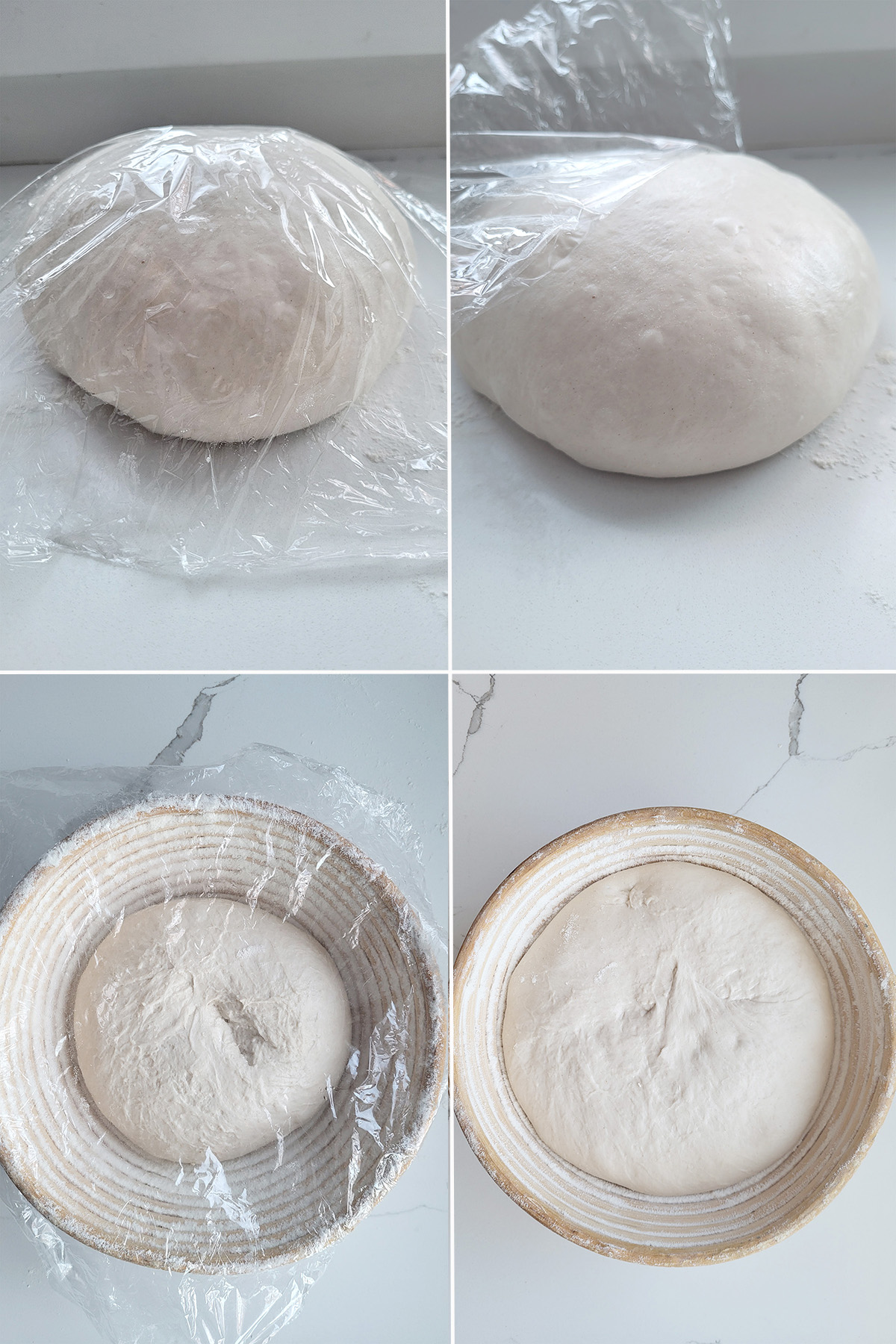 sourdough bread shaped in a ball and in a basket.