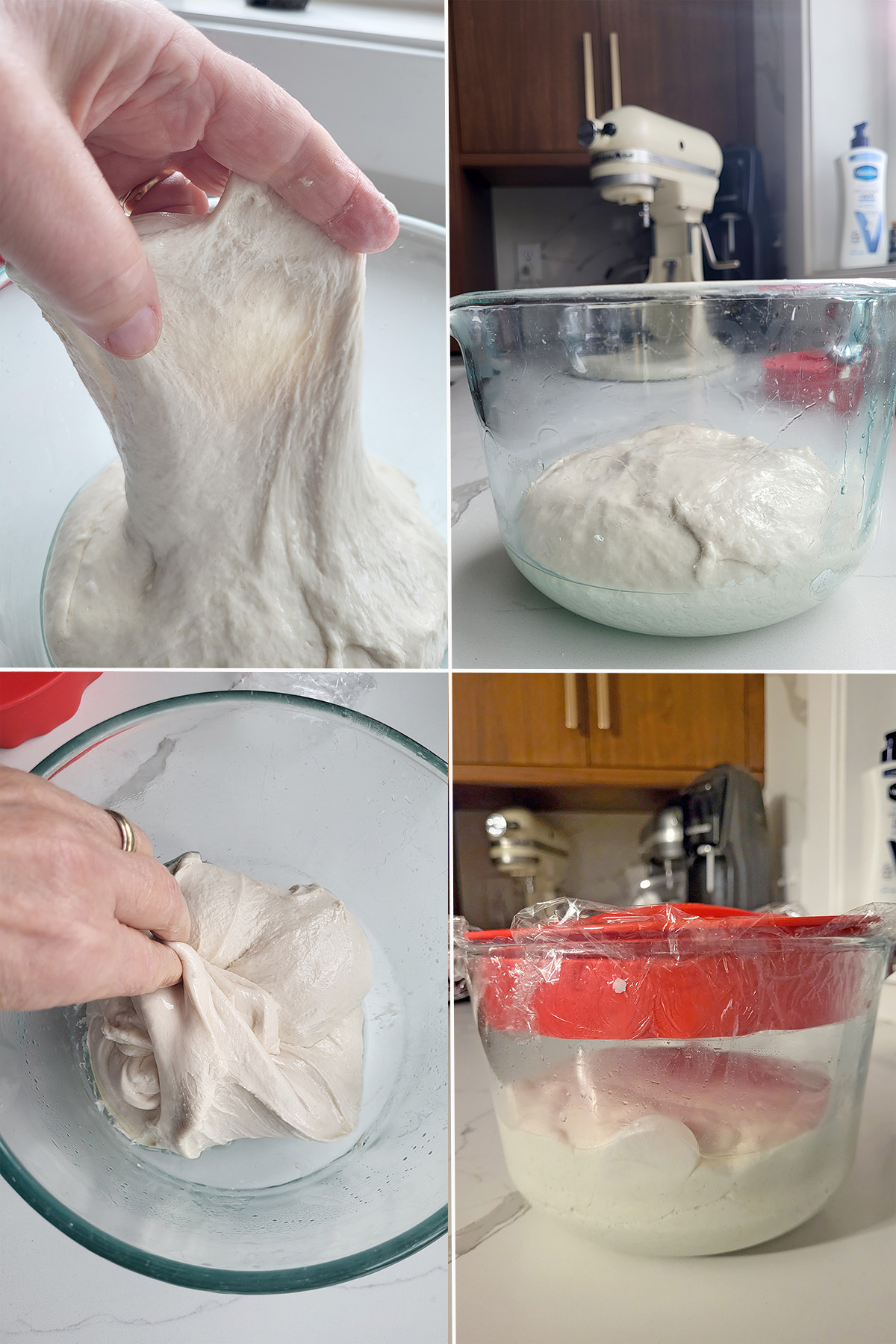 folding sourdough dough in a glass bowl.