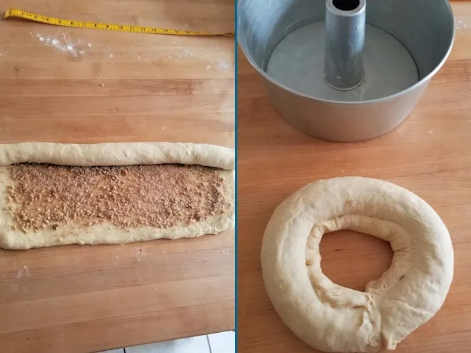 2 photos showing how to roll and form a sourdough coffee cake