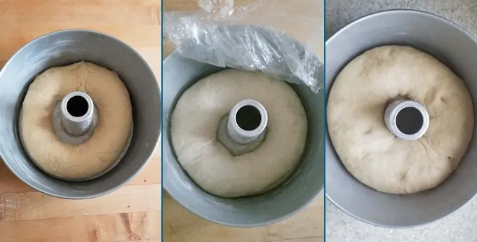 3 photos showing sourdough coffee cake rising over night