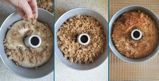 3 photos showing a sourdough coffee cake before and after baking