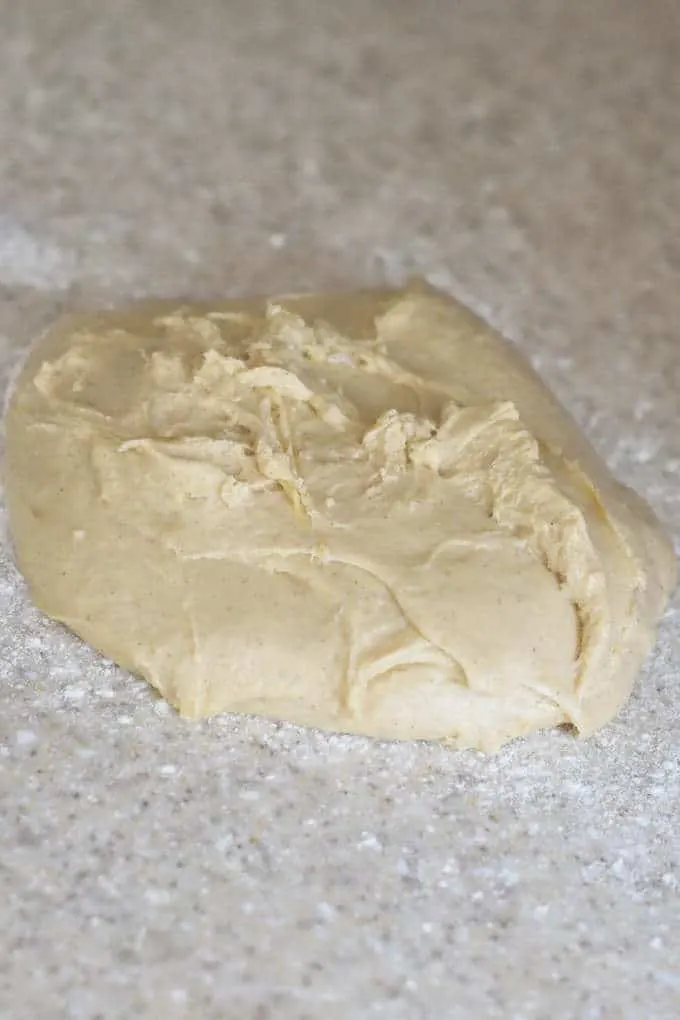 sourdough coffee cake dough on a floured surface