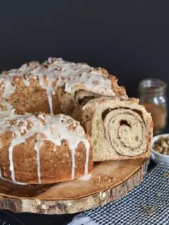 a sliced sourdough coffee cake on a cake stand
