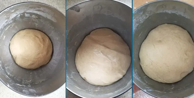 three photos showing the progress of sourdough during fermentation