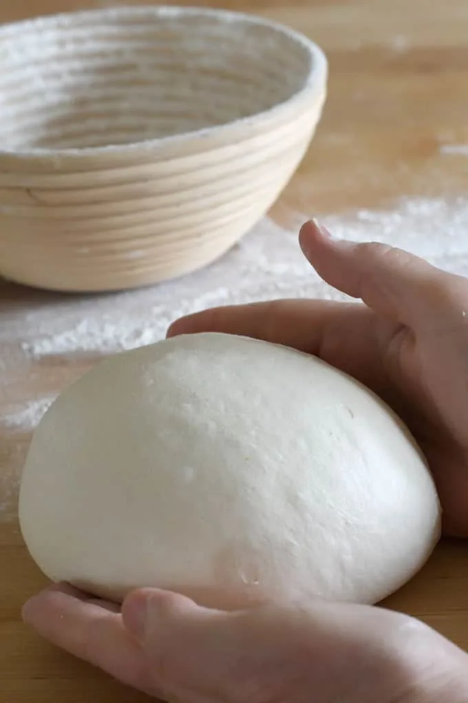 hands shaping sourdough into a ball