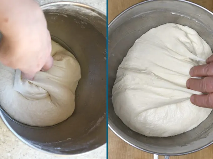 side by side photos showing how to "fold" sourdough bread dough during fermentation.