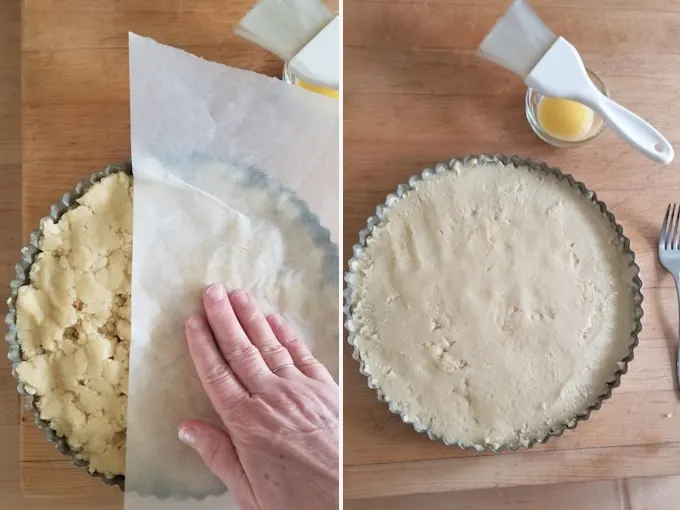 photos showing how to use parchment to press boterkoek dough into the pan