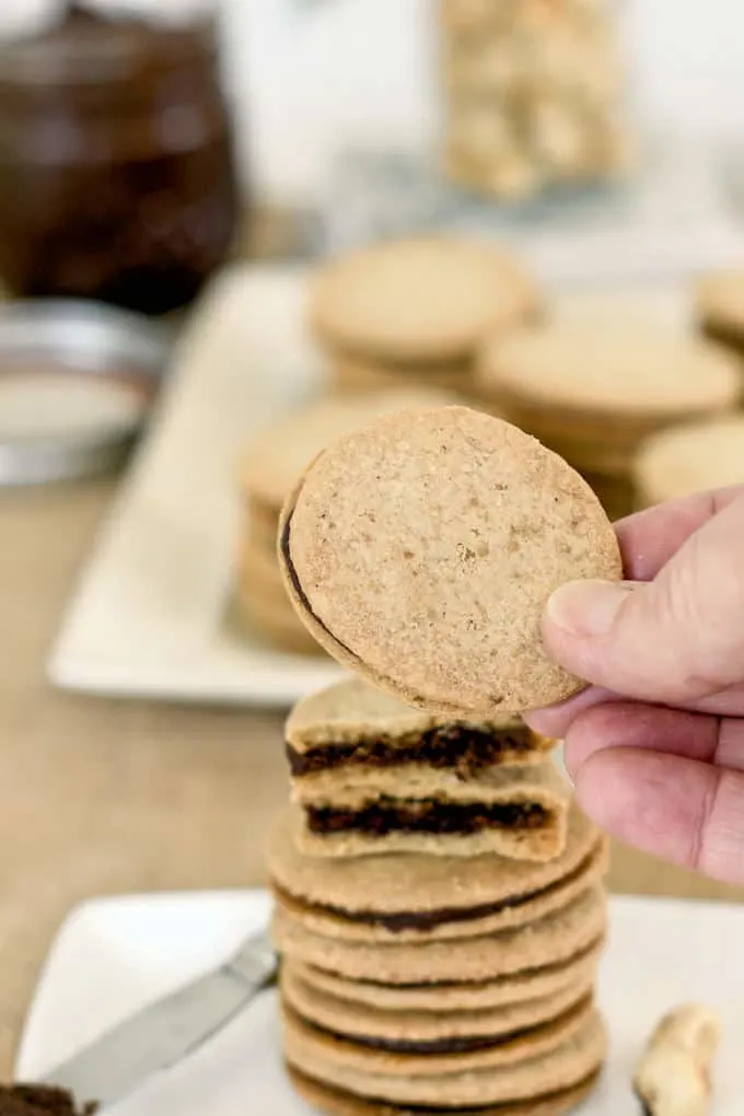 a hand holding a chocolate hazelnut cookie