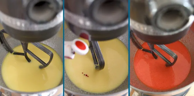 showing the process to tint batter for red velvet cake