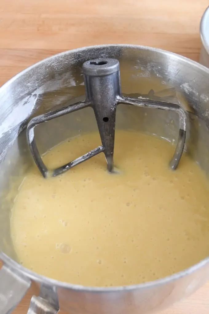 a bowl of batter for a vanilla cake recipe make with oil