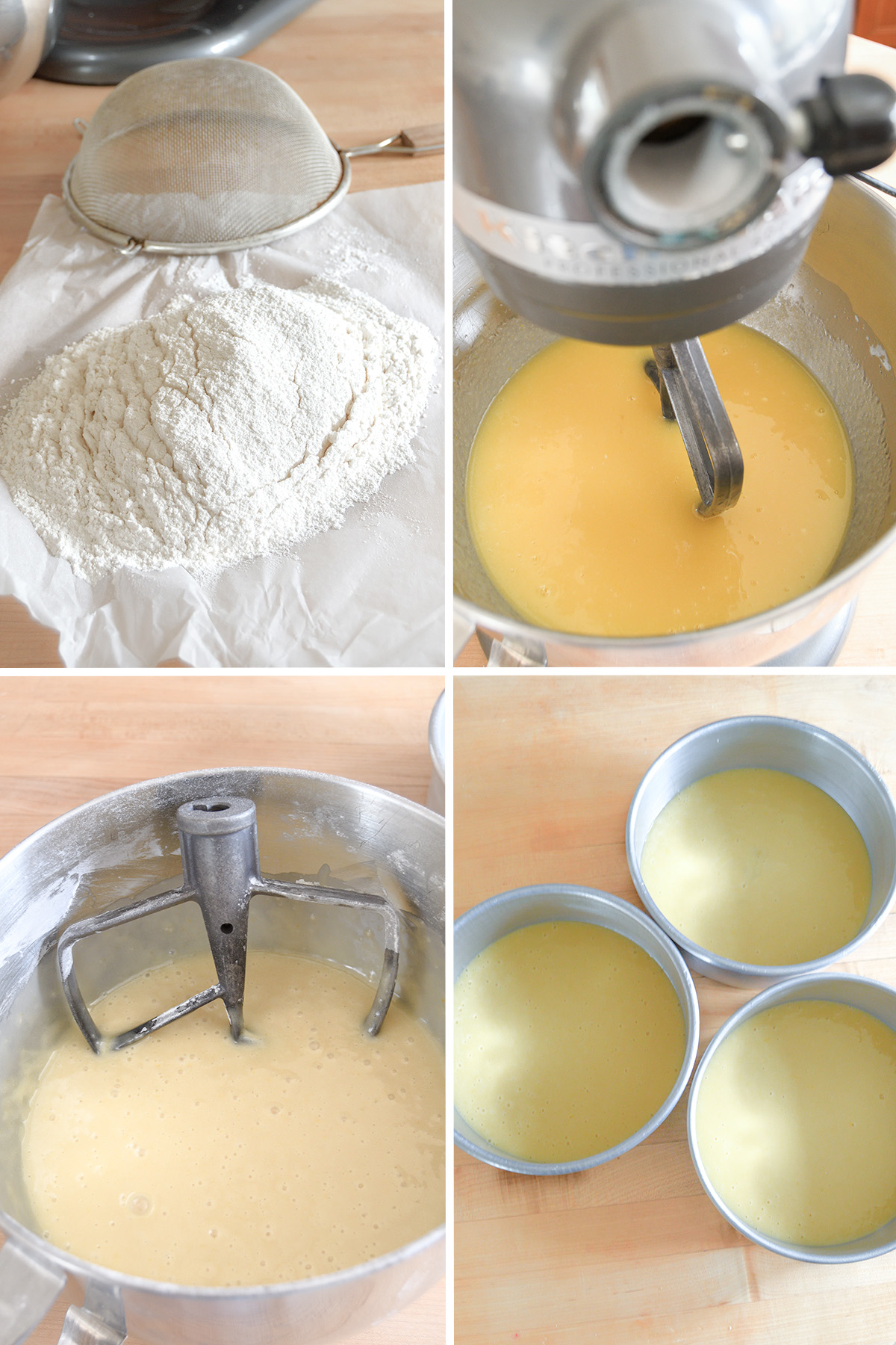 dry ingredients on a sheet of parchment papers. Wet ingredients in a mixing bowl. Cake batter in a mixing bowl. Three cake pans with cake batter.