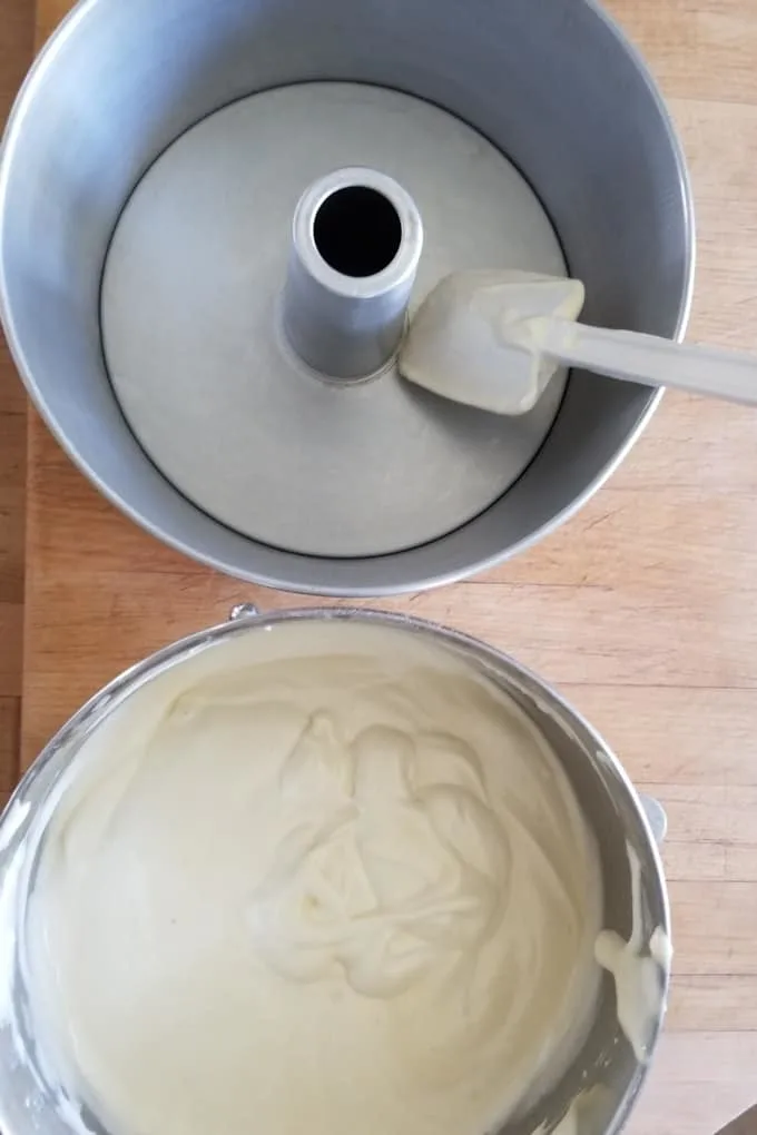 a bowl of cake batter and an angel food cake pan