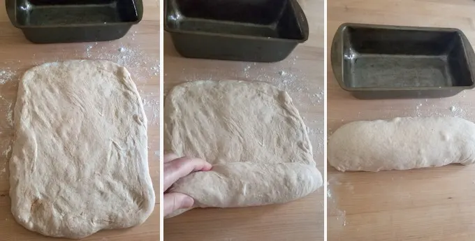 three photos showing how to shape a loaf of whole wheat sourdough bread