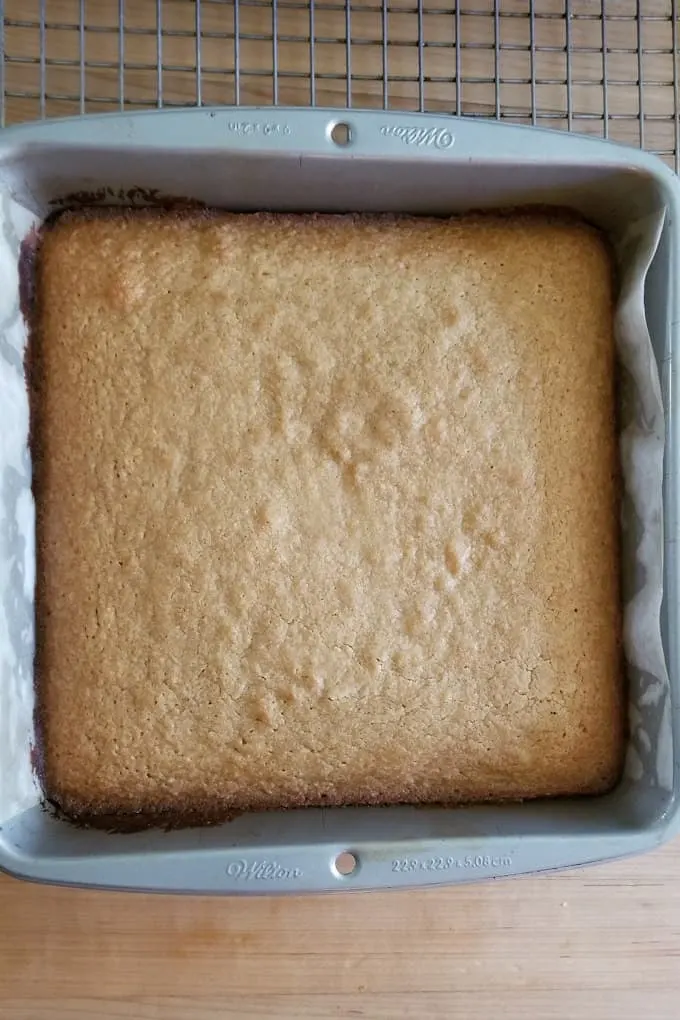 baked blondies in a pan on a cooling rack