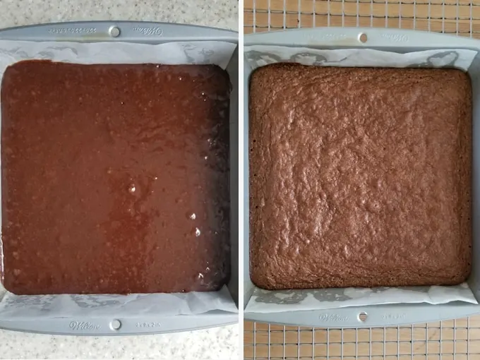 before and after photos showing unbaked and baked fudgy brownies