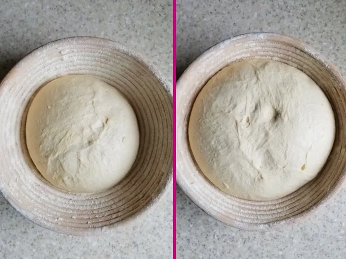 side by side photos showing semolina bread before and after rising.