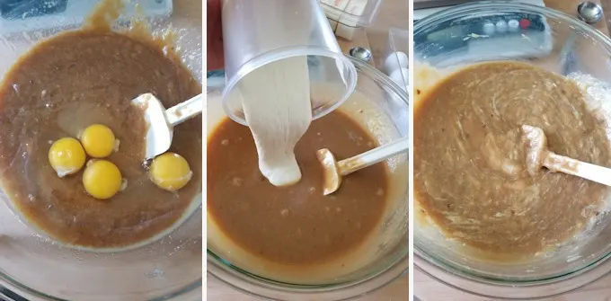 three process shots showing how to mix sourdough blondie batter
