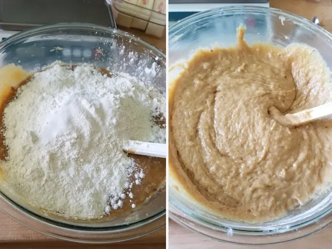 two images showing how to fold flour into sourdough blondies