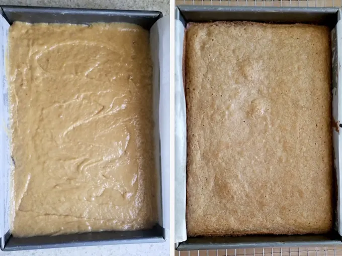 two photos showing sourdough blondies before and after baking