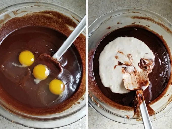 showing how to mix sourdough brownie batter