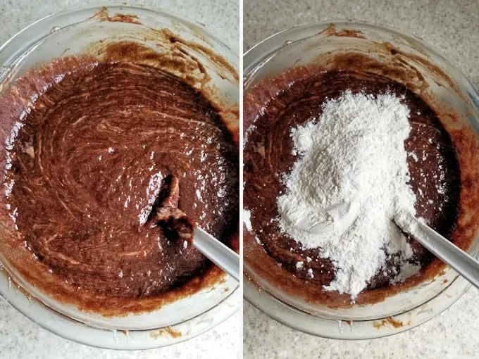 showing how to add flour to sourdough brownie batter