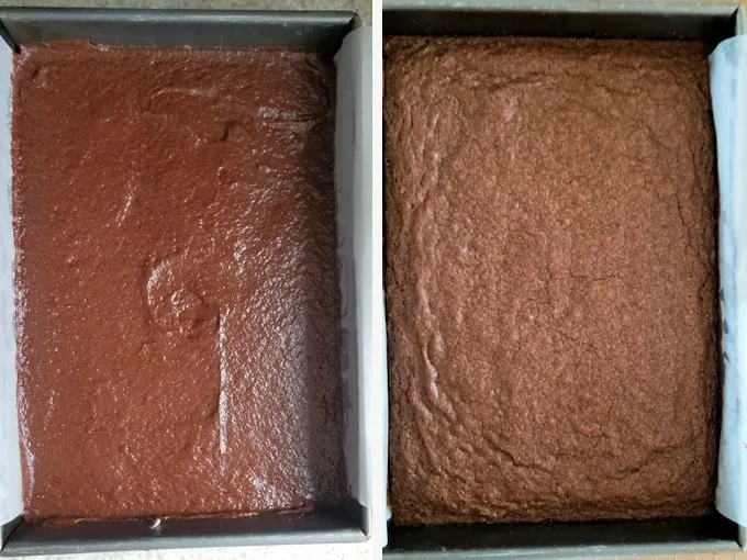 sourdough brownies before and after baking.