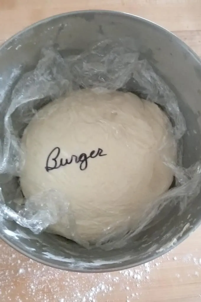 a bowl of sourdough hamburger bun dough