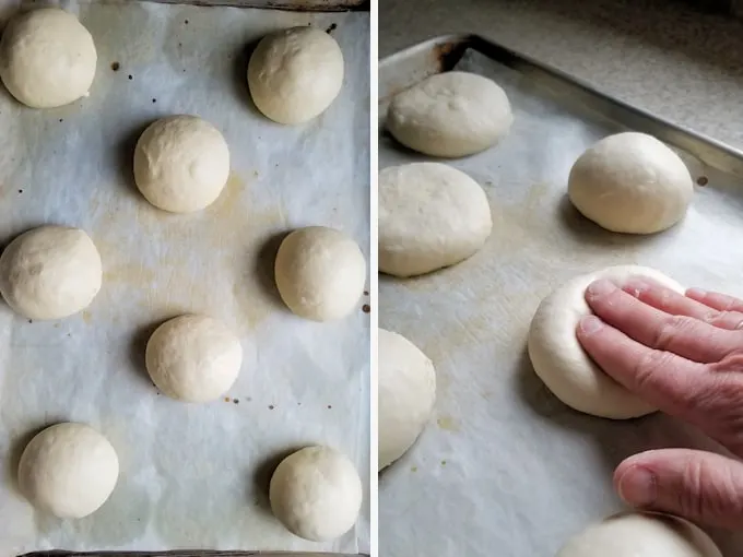 two photos showing how to shape sourdough hamburger buns