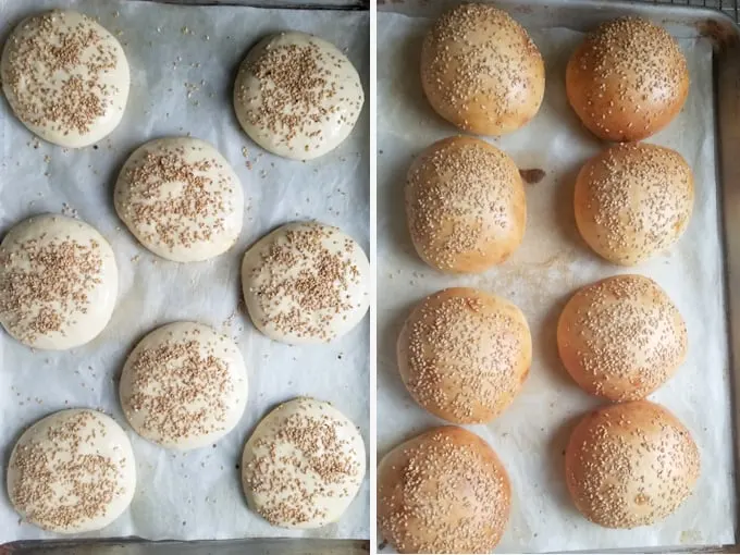 showing sourdough hamburger buns before and after baking