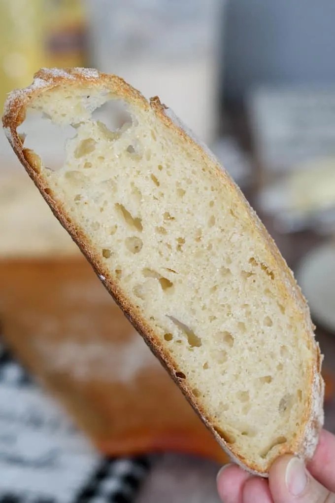 a hand holding a slice of sourdough semolina bread