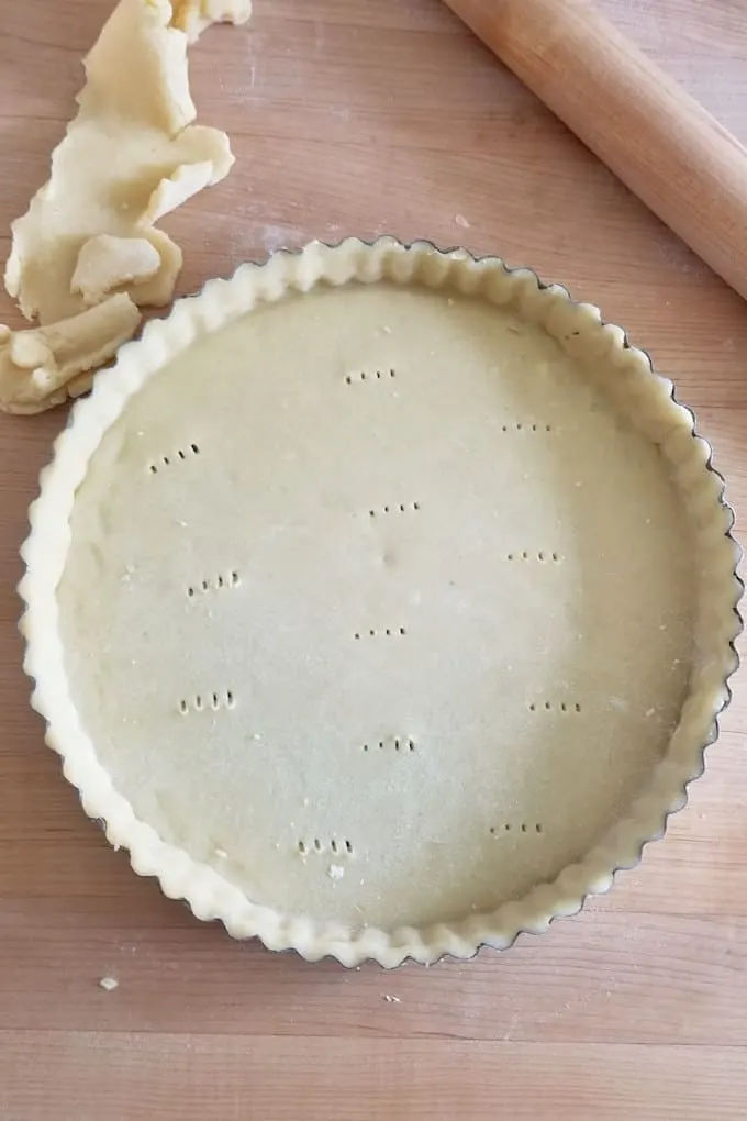 a tart pan lined with dough ready for the oven