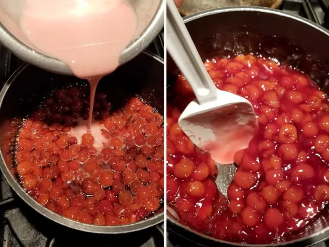two side by side photos showing how to use corn starch to thicken sour cherry cake filling.